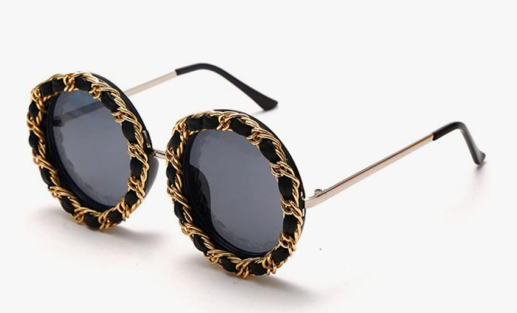 Round Oversized Sunglasses with Gold Chain Detail – Retro Vintage Fashion Shades for Women & Men, UV400 Protection Chanel - Zuna Eyewear Boutique