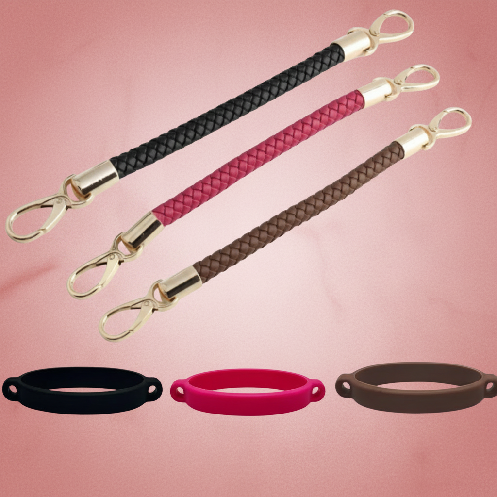 Three braided keychains with gold clasps and matching small round pouches on a pink background.